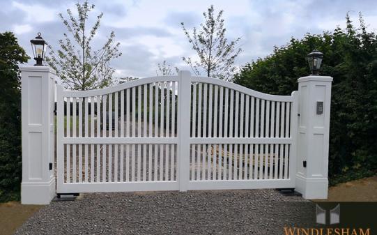 S-Top White Painted Timber Gates with Lighting and Access Control